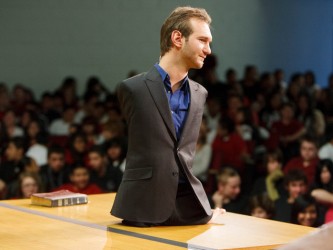 Trent Nelson | The Salt Lake Tribune Motivational speaker Nick Vujicic speaks to students at Bryant Middle School and beyond about the dangers of bullying. The assembly was simulcast and streamed to some schools across Utah Thursday March 7, 2013 in Salt Lake City