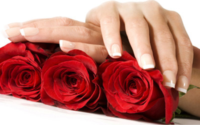 Hands with manicured nails and red roses