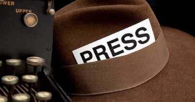 Newspaper Reporter's PressPass in Hat, White Background.