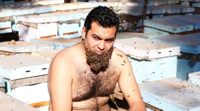 Mohamed Hagras, 31, looks on as he performs the "Beard of Bee" before the upcoming Egyptian Agricultural Carnival of Beekeeping in his farm at Shebin El Kom city in the province of Al- Al-Monofyia, northeast of Cairo, Egypt November 30, 2016. Picture taken November 30, 2016. REUTERS/Amr Abdallah Dalsh     TPX IMAGES OF THE DAY
